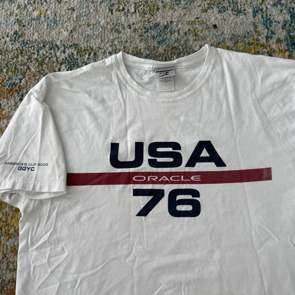 Vintage 2003 America's Cup USA 76 Oracle Sailing Graphic T-Shirt White Size L